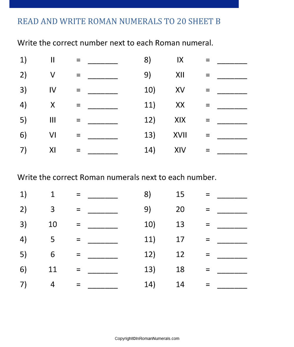 free roman numerals practice paper